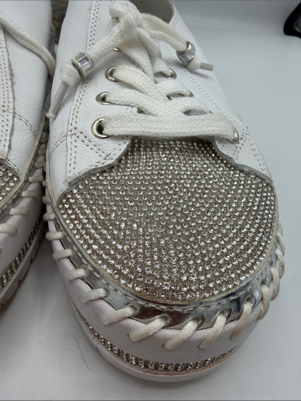 Women's White Crystal-Toe Leather Sneakers - Picture 3 of 12